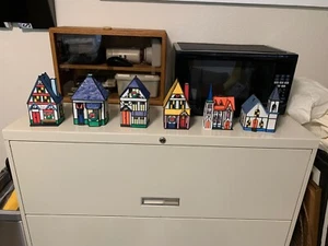 SET OF 6 CERAMIC PAINTED CANDLE HOLDERS CHRISTMAS VILLAGE - Picture 1 of 10