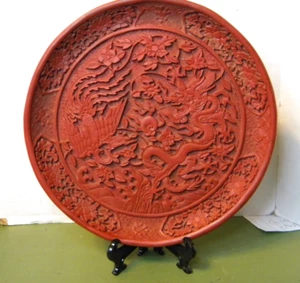 Réplica de placa de fénix dragones tallados en laca de cinabrio Museo del Palacio Nacional 8" - Imagen 1 de 15