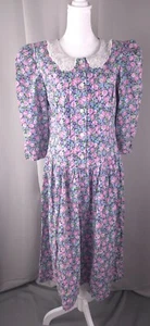 Vintage Women Dress M Pink Floral Midi Puff Sleeve Lace Peter Pan Collar Cottage - Picture 1 of 20