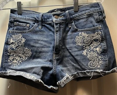 Pantalones Cortos Hollister Tiro Alto Jeans Distress Bordados Floral Denim Puños - Talla 5 Foto 1 de 4