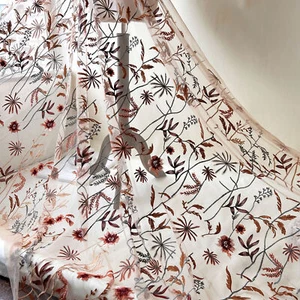 Marrón Hojas Tela Encaje Bordado Floral Tul para Vestido, Trajes - Imagen 1 de 4