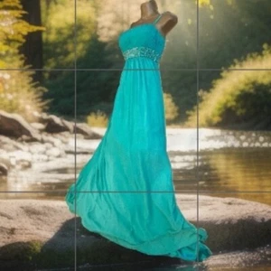 Goya London Beaded Turquoise Chiffon /satin Stunning Prom Dress, Size 12 VGC - Picture 1 of 24