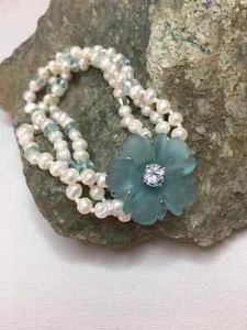 Perla natural, calcedonia, aguamarina, esterl. Plata 3 str. Pulsera hecha a mano - Imagen 1 de 3