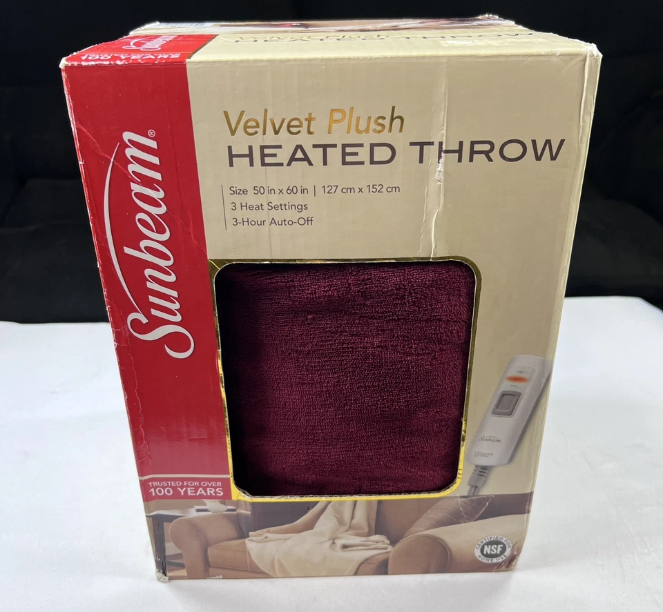 Sunbeam Garnet Red Heated Velvet Throw 50" x 60" 3 Settings 3 Hour Auto Off - Image 1 of 4