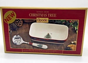 Spode Christmas Tree 8" x 4.25" Tartan Rectangle Server with Slotted Spoon - Picture 1 of 4