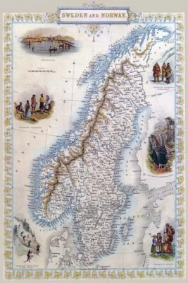 1800'S MAP BIRD EYE VIEW SWEDEN AND NORWAY STOCKHOLM BALTIC VINTAGE POSTER REPRO - Image 1 of 3