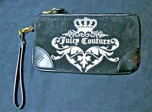 EUC Juicy Couture Black Faux Suede Leather Embroidered Crown Gold Tone Wristlet