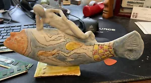 Human faced Fish W/ Nymphs on side /shape Riding said Human faced fish CeramIc - Picture 1 of 4