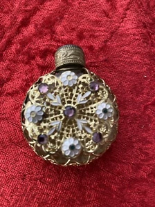 Vintage Czech Glass Clear Perfume Bottle Gold Filigree Blue Gems - Bild 1 von 5