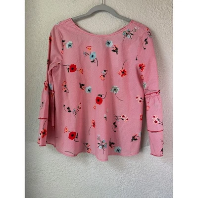 NWT LOFT Outlet Petite Red White Stripe Floral Bell Sleeve Tie Neck Blouse SP - Image 1 of 4