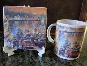 Thomas Kinkade 2011 The Lights Of Christmastown Mug & Coaster Set Holiday Used - Picture 1 of 5