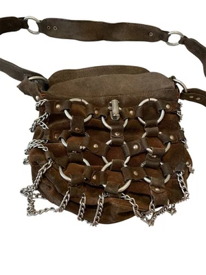 Cartera vintage entrelazada de cuero y cadena de metal marrón oscuro 7” de largo motociclista bebé Foto 1 de 4