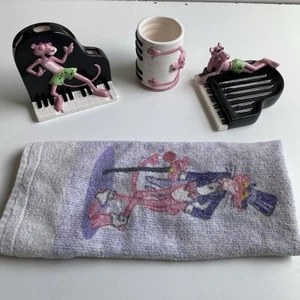 Vtg 1998 Ceramic Pink Panther Toothbrush Holder Cup Soap Dish Set Piano Cartoon - Picture 1 of 18