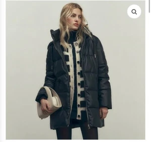 ZARA NEW BLACKFAUX LEATHER HOODED PUFFER COAT WITH ZIPPED POCKETS SIZE M  - Picture 1 of 6