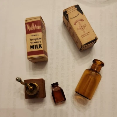 Antique Vintage Dollhouse Milk, Coffee Grindee and bottle decor - Image 1 of 4