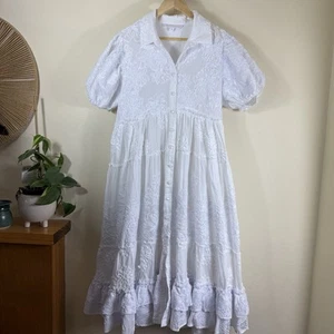 Trelise Cooper white size 12 m sun dress embroiled flower button down cotton - Picture 1 of 6