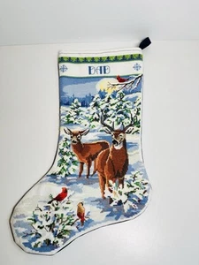 DAD 16" Christmas Stocking Completed Cross Stitch Snowy Forest Evening with Deer - Picture 1 of 8