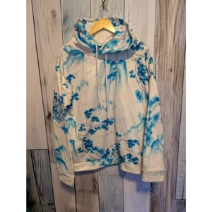 XL Blue and White Hooded Sweater NWOT Polyester Japanese Style Art - Picture 1 of 4