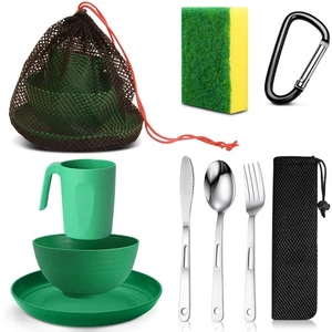1 Person Scout Camping Mess Kit, Plastic Dishes, Reusable Utensils, Mesh Bag - Picture 1 of 7