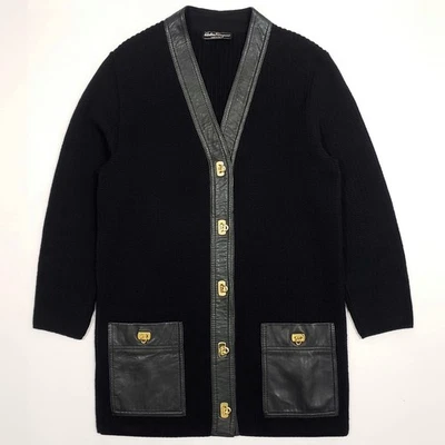 SALVATORE FERRAGAMO Wool Knit Cardigan Coatigan Leather Crochet Gold Lock S-M - Image 1 of 4
