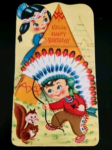 Vtg 1950's Children’s Happy Birthday Greeting Card Tri-Fold Diecut INDIAN CHILD - Picture 1 of 7