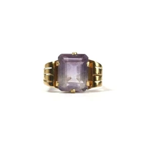 14k Yellow Gold Ring with one emerald cut 12mmX10MM Amethyst , Size 5.5 - Picture 1 of 3
