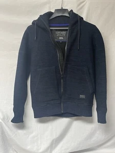 Superdry Navy Blue Men’s Large Full Zip Cardigan Chunky Wool Knit Sweater Jacket - Picture 1 of 14