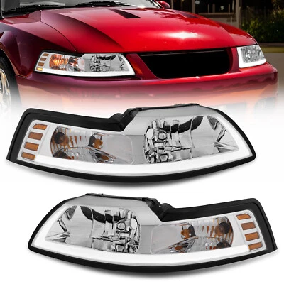 LED DRL Chrome Headlights For 1999-2004 Ford Mustang GT SVT Cobra Left and Right - Image 1 of 4