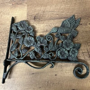 Cast Iron 11.5 inch Ornate Plant Hanger Bracket Hummingbird & Flowers Dark Green - Picture 1 of 7