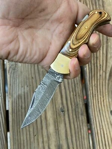 HAND FORGED DAMASCUS STEEL BackLock Folding Knife W/Wood & Brass Bolster Handle - Picture 1 of 3