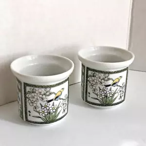 Asiatische Keramik Votivkerzenhalter 6 getäfelte Blumen Vögel Menge 2 Japan - Bild 1 von 6
