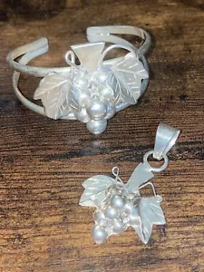 VTG Artisan Silver 925 Cuff Bracelet & Necklace Charm Grapevine Leaves Mexico - Picture 1 of 7