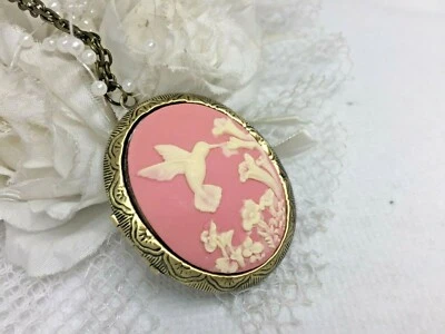 MOM BRONZE  Photo Pendant Mom Cameo Pink Hummingbird Bird Locket Necklace GIFT - Image 1 of 4