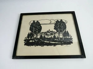 Corte de tijera firmado de 1934, paisaje con pueblo al fondo - Imagen 1 de 6