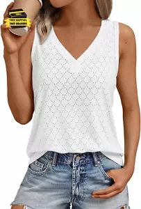 Tank Top for Women Eyelet Embroidery Summer Sleeveless V Neck Flowy Casual Tops  - Picture 1 of 5