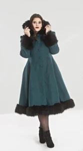 Hell Bunny Elvira Dramatic Statement Long Hooded Vintage Fur Collar Winter Coat - Picture 1 of 4