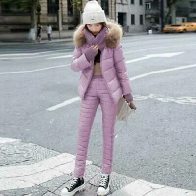 Invierno Mujer Traje Plumón Algodón Chaqueta con Capucha Pantalones Gruesos Esquí Exterior Cálido 2 PIEZAS Foto 1 de 4
