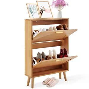 Shoe Cabinet with 2 Flip Drawers Rattan Shoe Storage Cabinet for Entryway - Picture 1 of 12