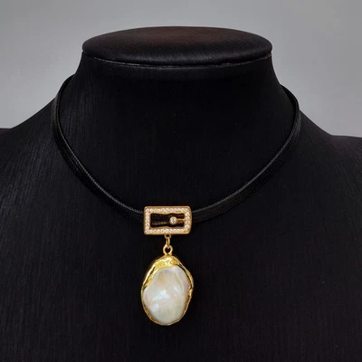 Chokers Necklaces Cultured White Baroque Pearl Collar Necklace Leather Bohemian - Image 1 of 4
