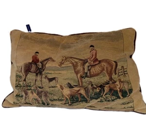 VTG Needlepoint Pillow Tapestry The Hunt Cottage Equestrian Leather Trim - Picture 1 of 8