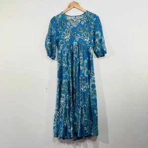 Jaase Blue Green Floral Maxi Dress Boho Rayon 1/2 Button Up Summer - Picture 1 of 20