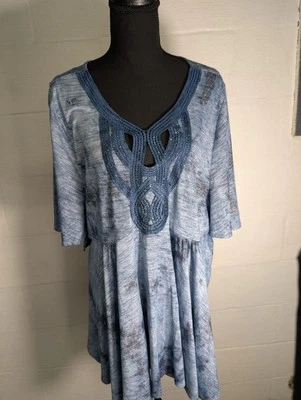 One World Women's 1X Tunic Top Blouse Embellished Neckline Short Flutter Sleeve - Image 1 of 4