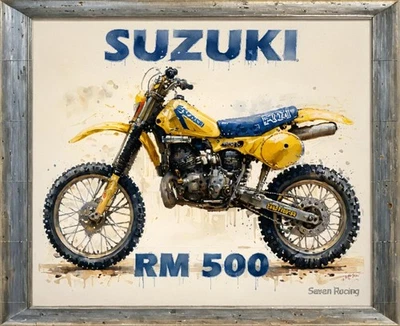 Letrero metálico Suzuki RM 500 motocross tipo acuarela garaje vintage taller MX Foto 1 de 2