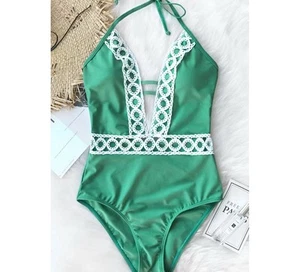 Cupshe Swimsuit Women's Size M Lace Plunge Strappy One Piece Beach Green NWT - Picture 1 of 15