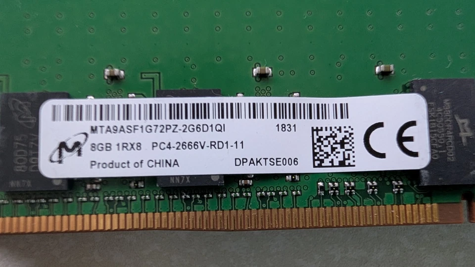 Micron 8GB 1Rx8 PC4-2666V RDIMM MTA9ASF1G72PZ-2G6D1 Server Memory RAM - Image 1 of 1