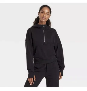 JoyLab - Sudadera Pullover Para Mujer French Terry 1/2 Cremallera Con Capucha Negra TALLA M NUEVA - Imagen 1 de 9