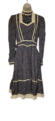 Vintage Gunne Sax by Jessica Dress Floral Lace Trim High Neck Prairie SZ 11 - Image 1 of 4