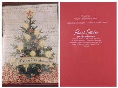 set 15 Punch Studio CANDLE LIT CHRISTMAS TREE Script CARDS retro inspired NEW - Image 1 of 2