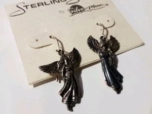 Vintage 925 Sterling Silver Dangle Drop Angel Earrings Angels By Silver Moon NOS - Picture 1 of 7