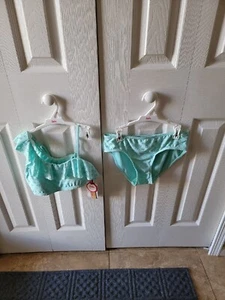 Justice 2-Pc Bikini Swimsuit Asymmetric Eyelet Shoulder size 5/6 Mint /Aqua NEW - Picture 1 of 5